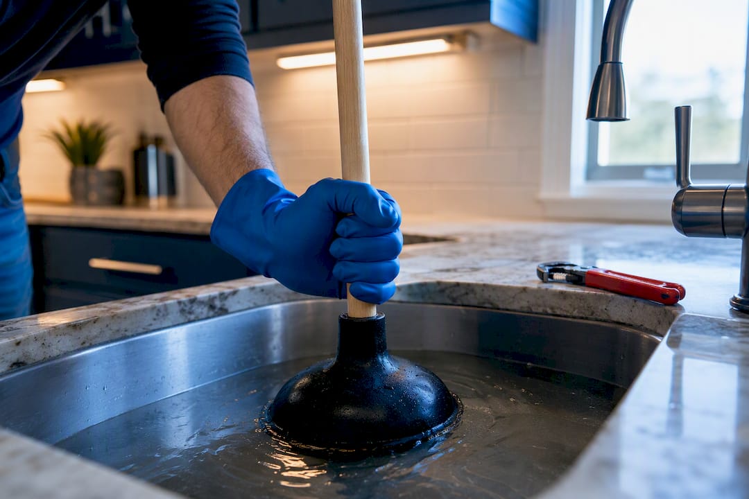 Hand plunging a clogged kitchen sink drain