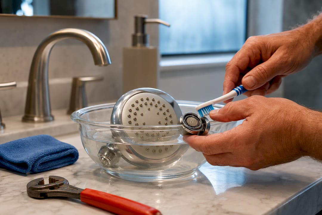 Cleaning mineral buildup from shower fixture