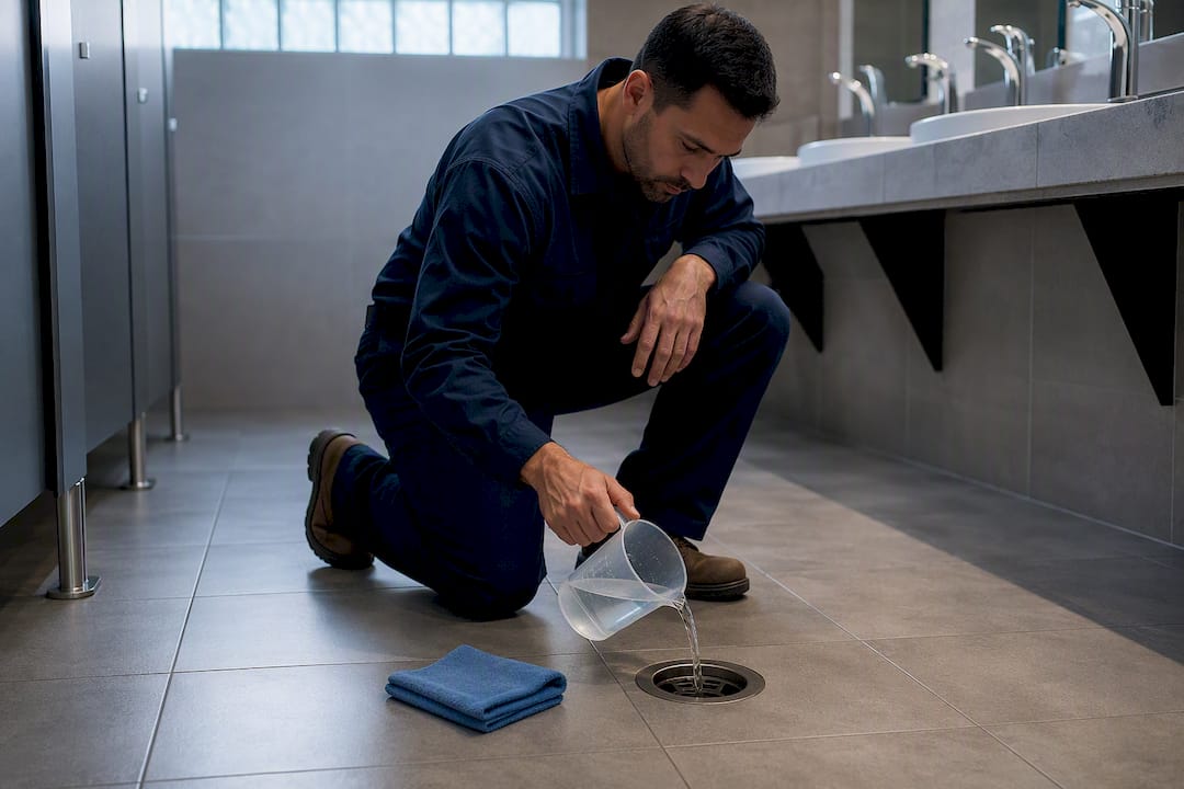 Technician rehydrating commercial floor drain