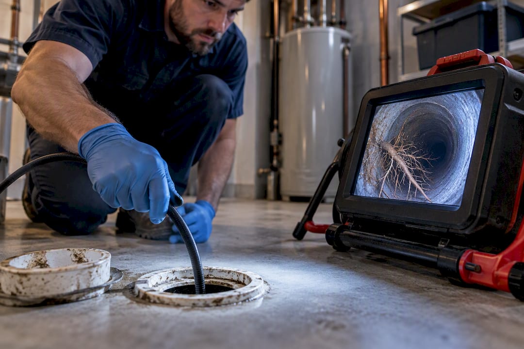 Camera inspecting roots inside sewer pipe