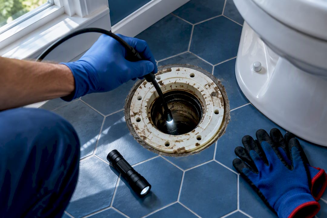 Plumber inspecting drain with camera
