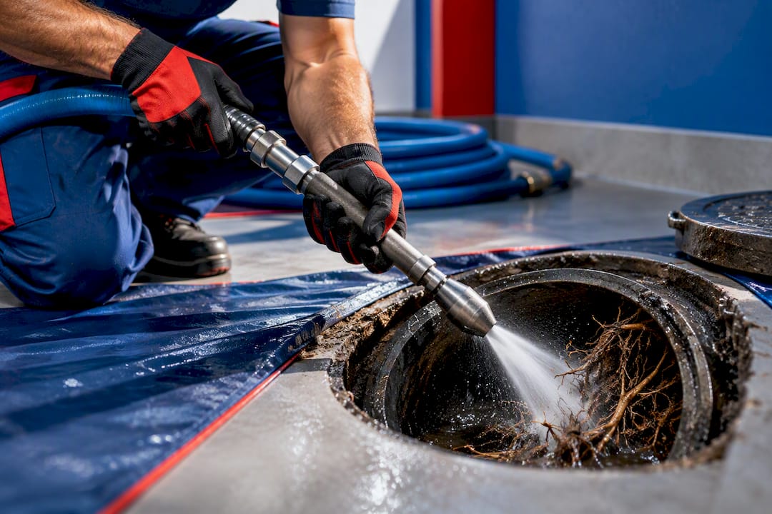Hydro jetting nozzle clearing sewer roots