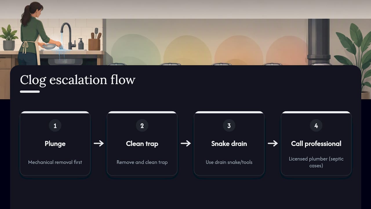 Four-step kitchen sink clog clearing sequence