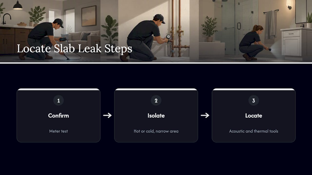Three-step slab leak detection workflow