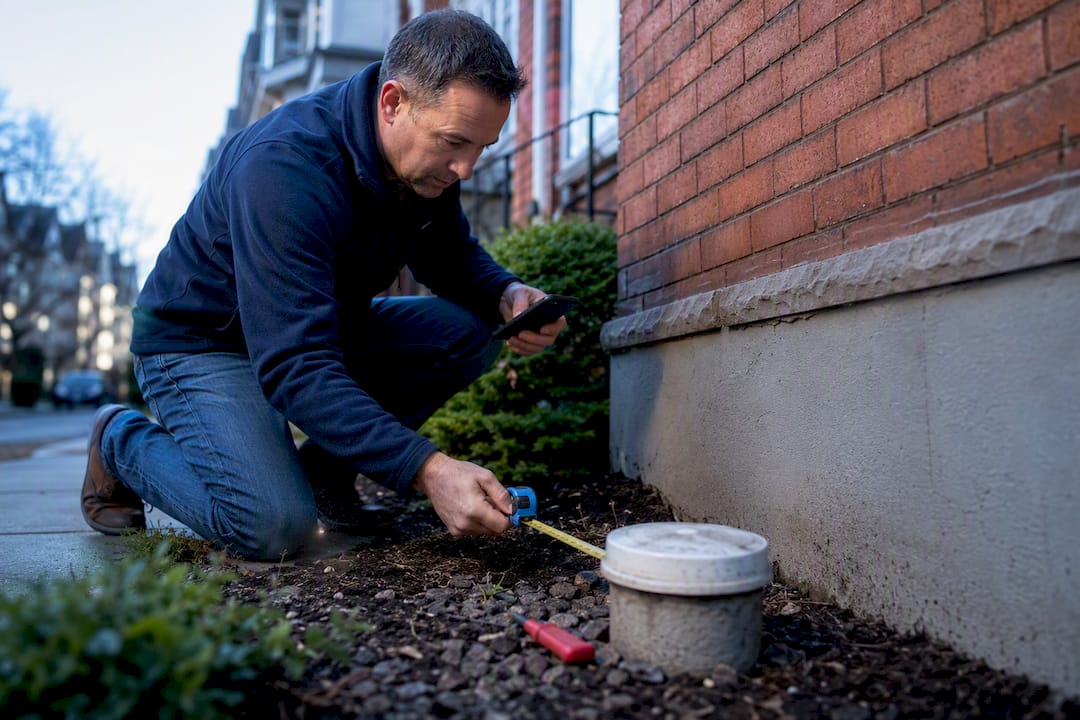 Homeowner documenting cleanout beside foundation