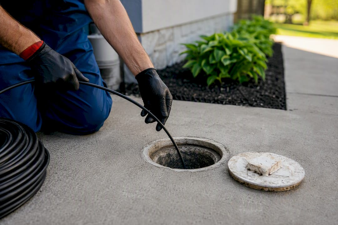 Technician guiding camera into sewer cleanout