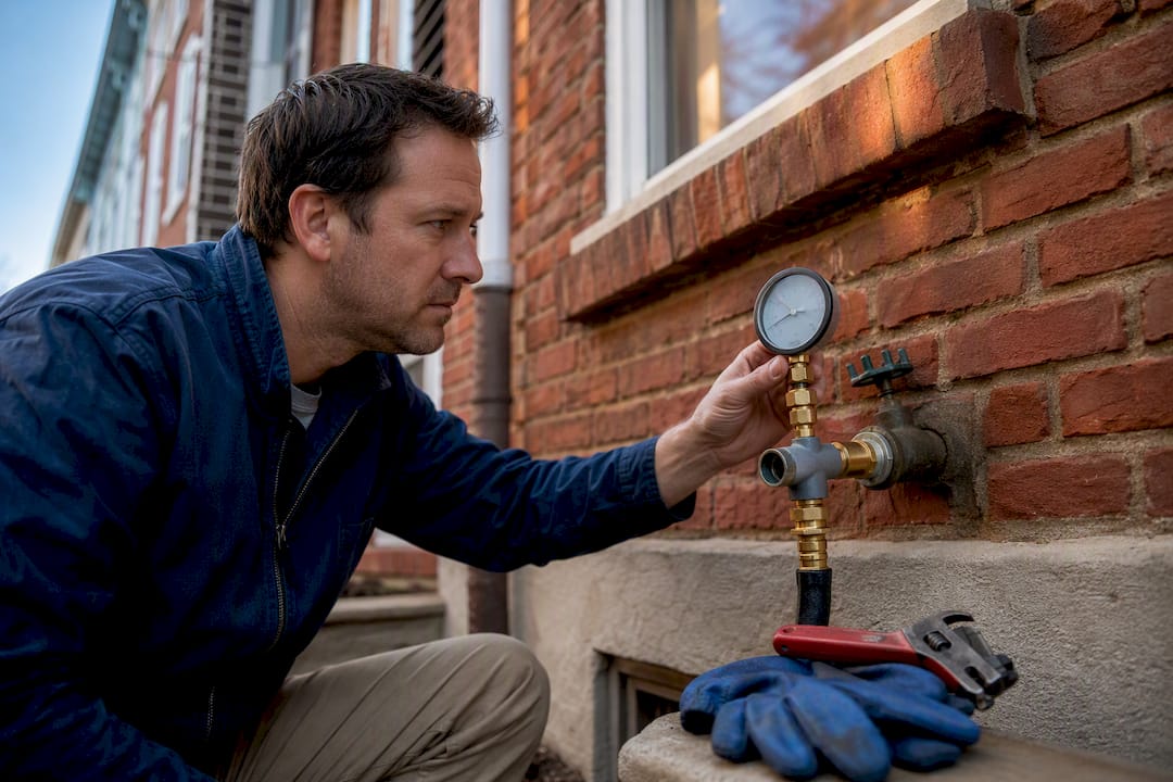 Homeowner testing water pressure at hose bib