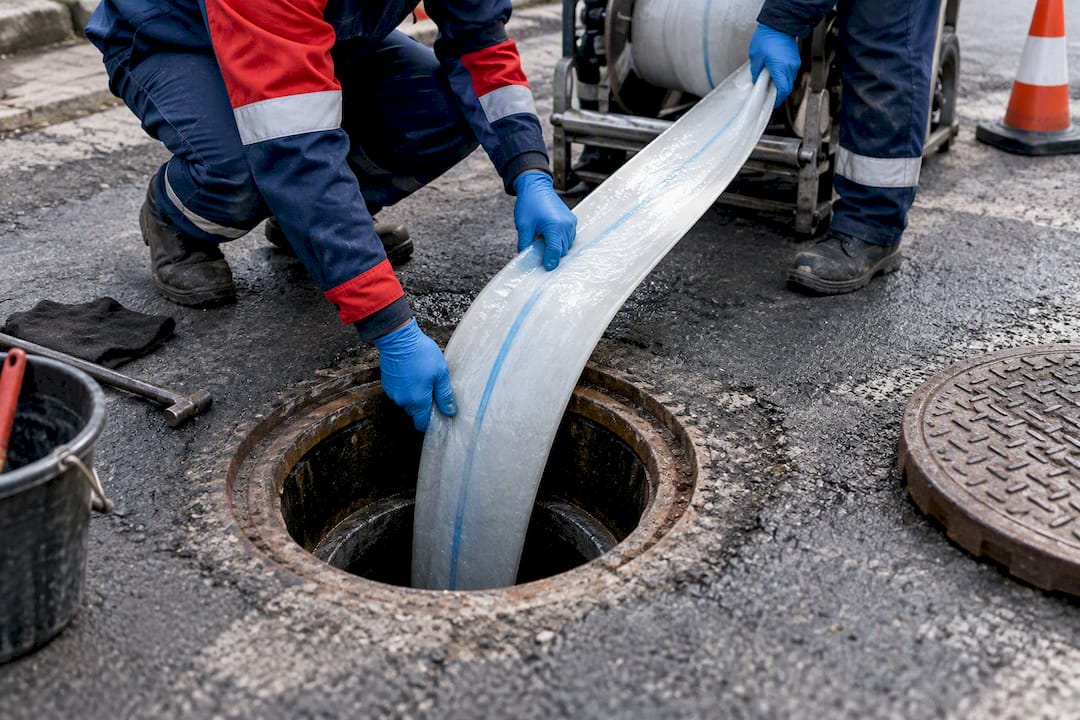 Resin liner entering existing sewer pipe