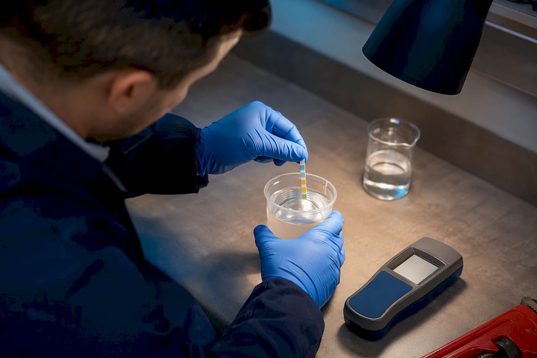 Plumber testing water chemistry for corrosion