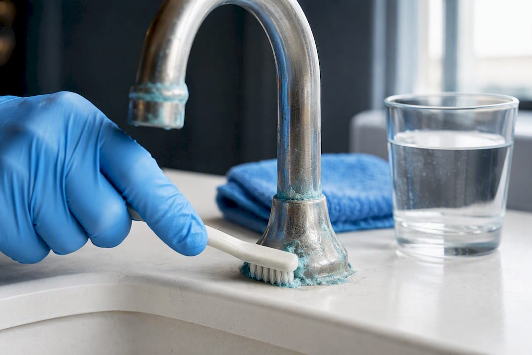 Blue green deposits on faucet fixture