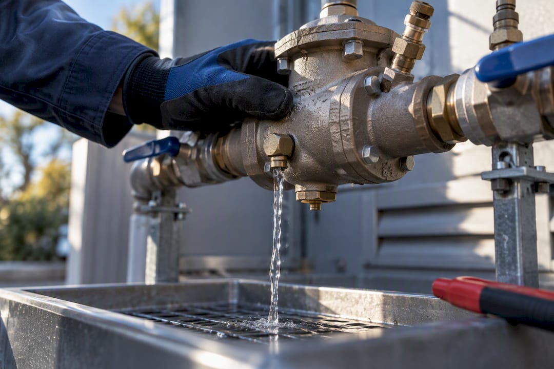Close-up of leaking backflow preventer valve