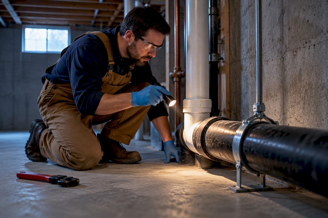 Plumber inspecting residential sewer connection