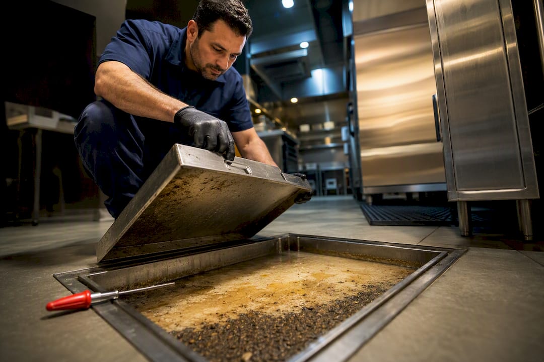 Technician inspecting restaurant grease trap contents