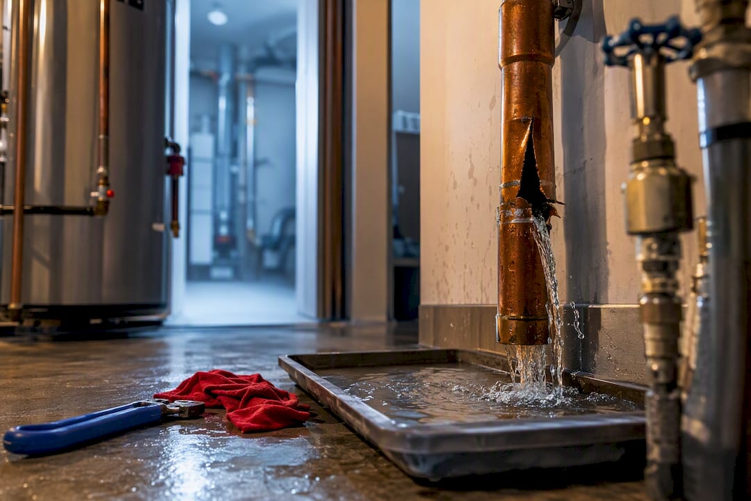 Burst pipe damage in home utility room