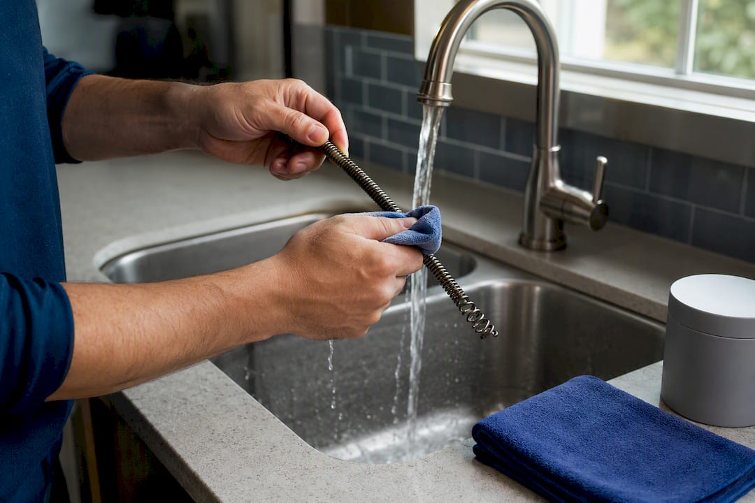 Hands cleaning metal plumbing tools at sink