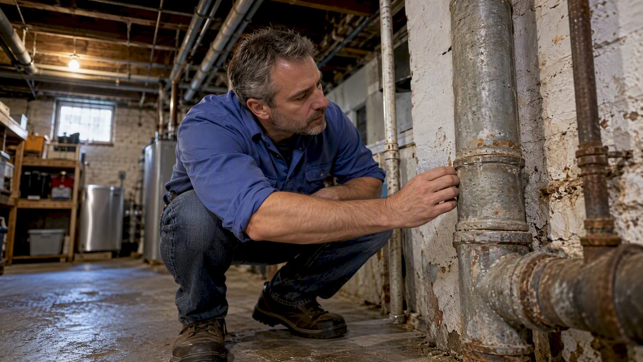 Homeowner checks an exposed galvanized pipe