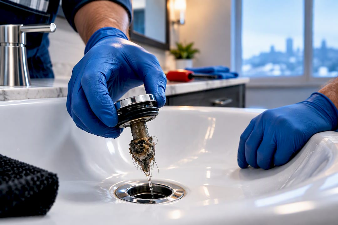 Gloved hand lifting bathroom sink stopper