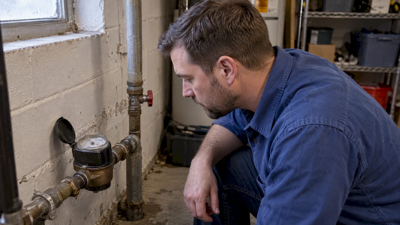 Homeowner checking a basement water meter