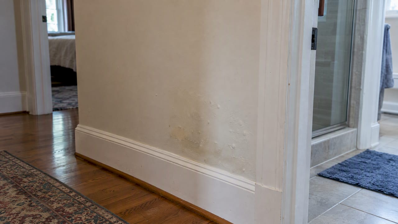 Discolored drywall beside a shower