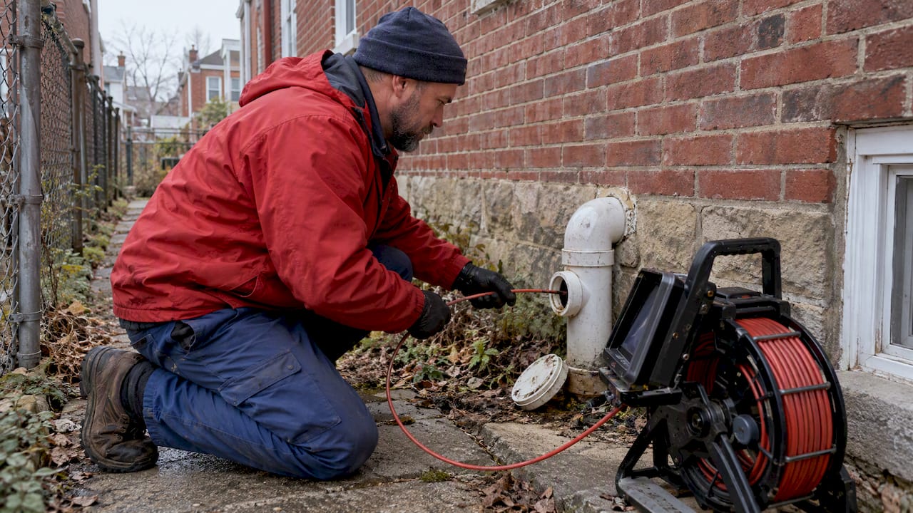 Plumber feeds camera into sewer cleanout