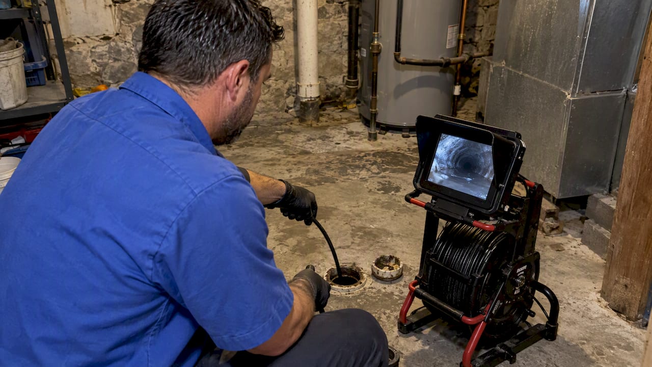 Technician reviews sewer camera view in cellar