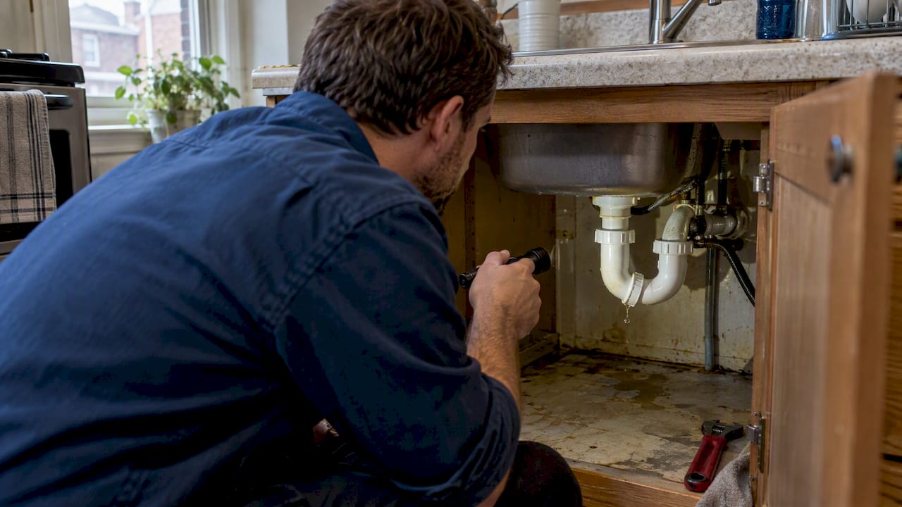 Homeowner inspecting a leaking sink trap