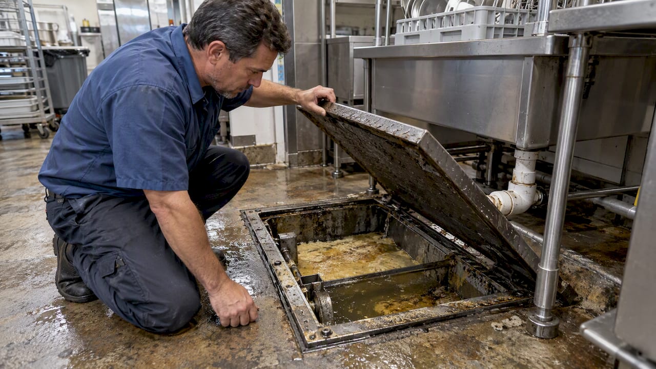 Plumber inspecting a restaurant grease interceptor