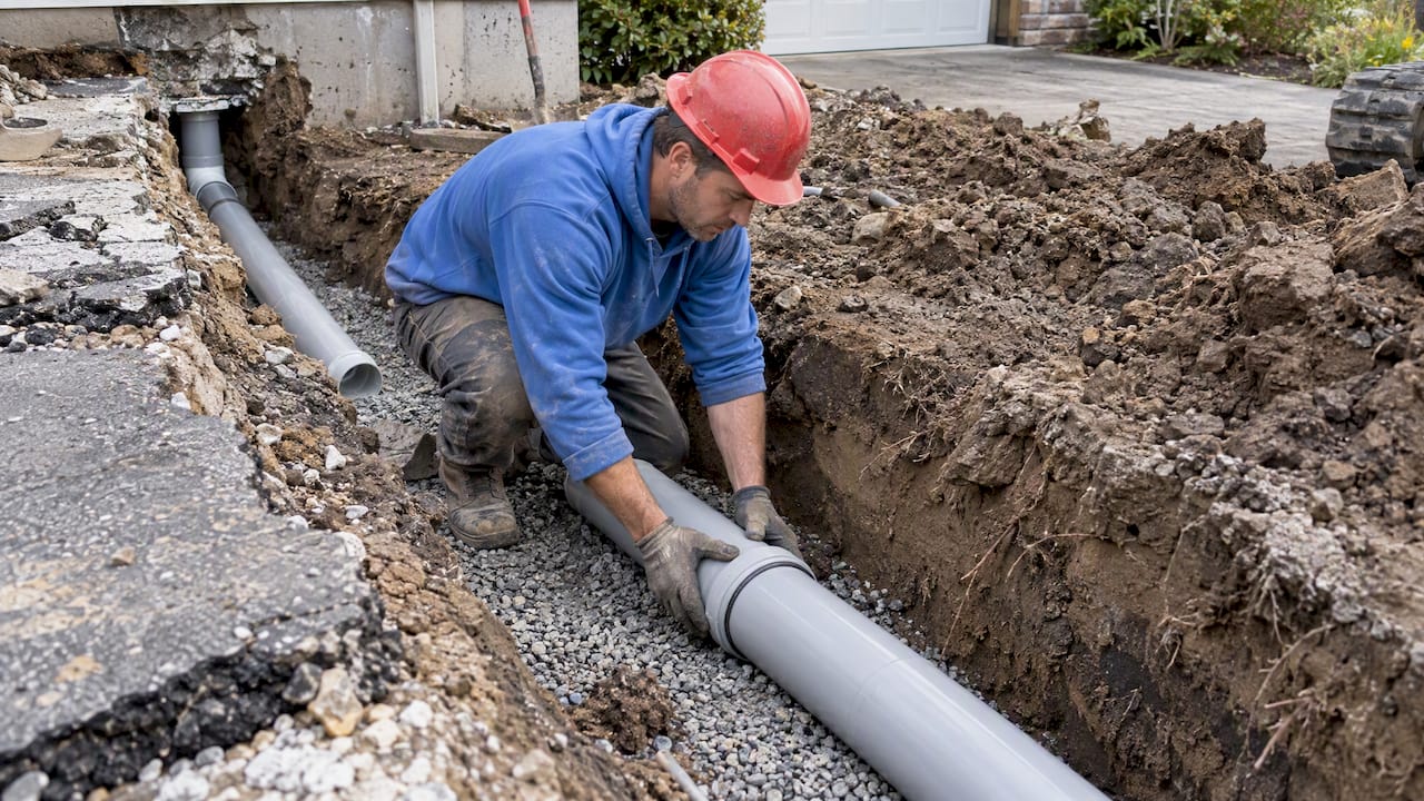 Installer setting sewer pipe on gravel bedding