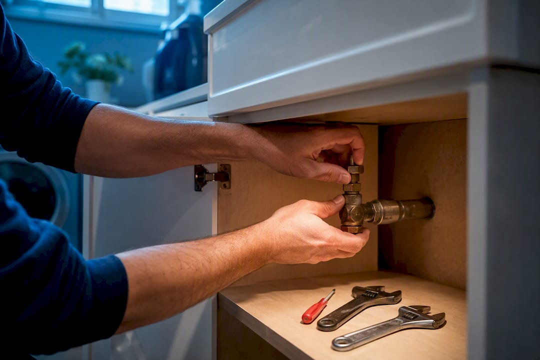 Homeowner tightening leaking shutoff valve