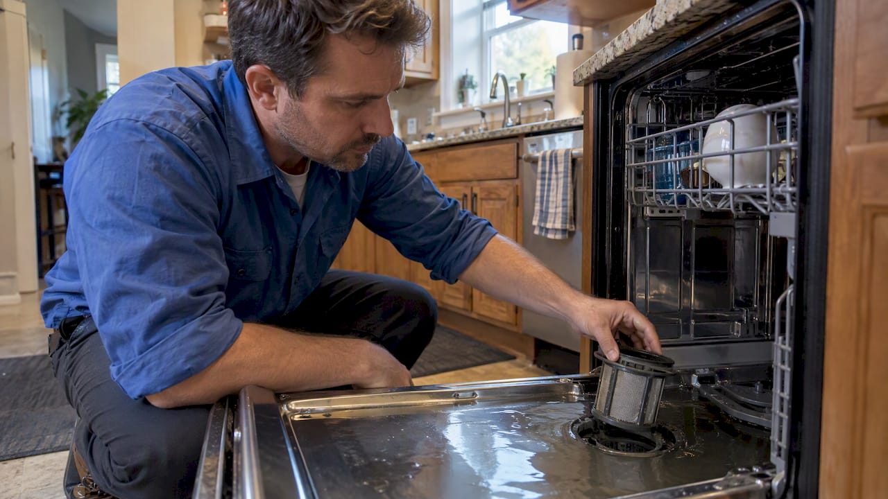 Homeowner checks standing water in dishwasher