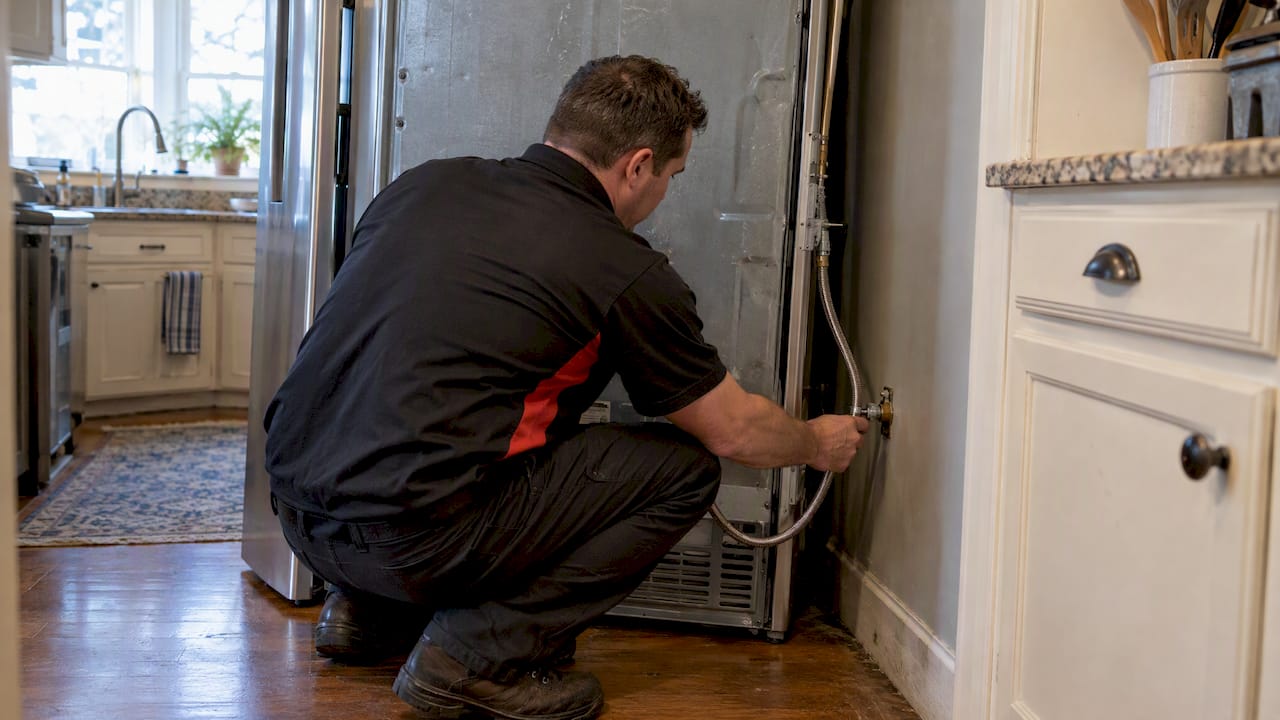 Technician inspecting refrigerator water line