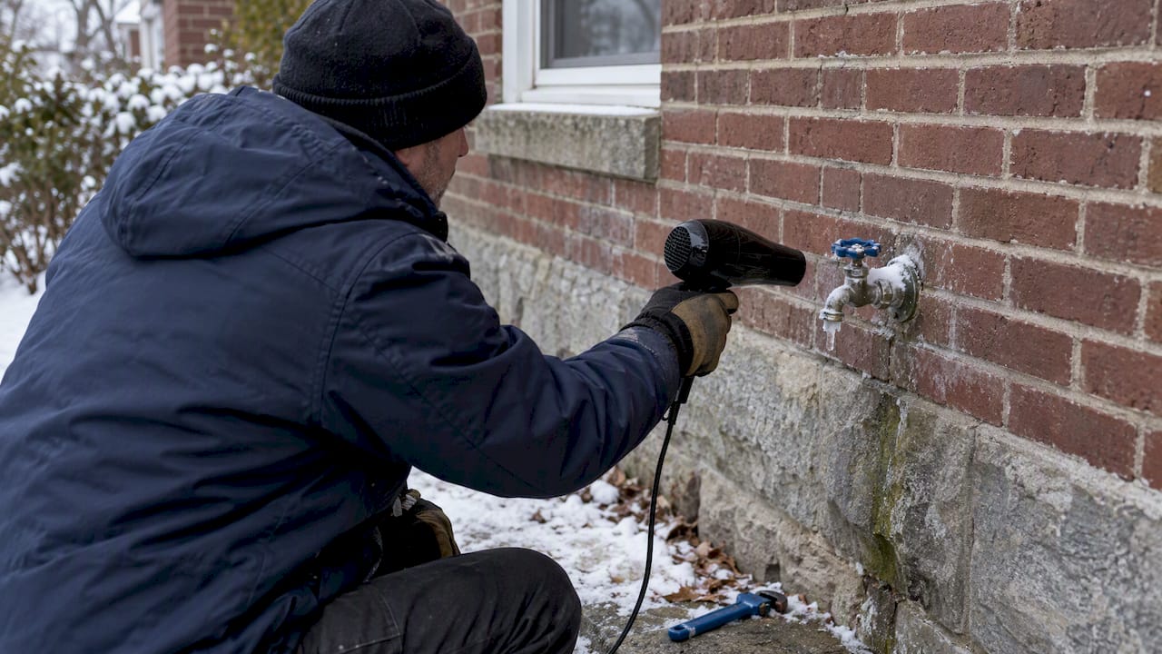Homeowner safely thawing a frozen outdoor faucet
