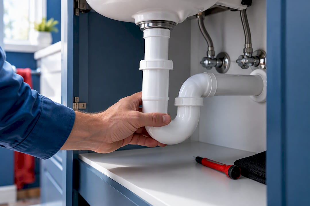 Hand checking PVC pipe beneath sink