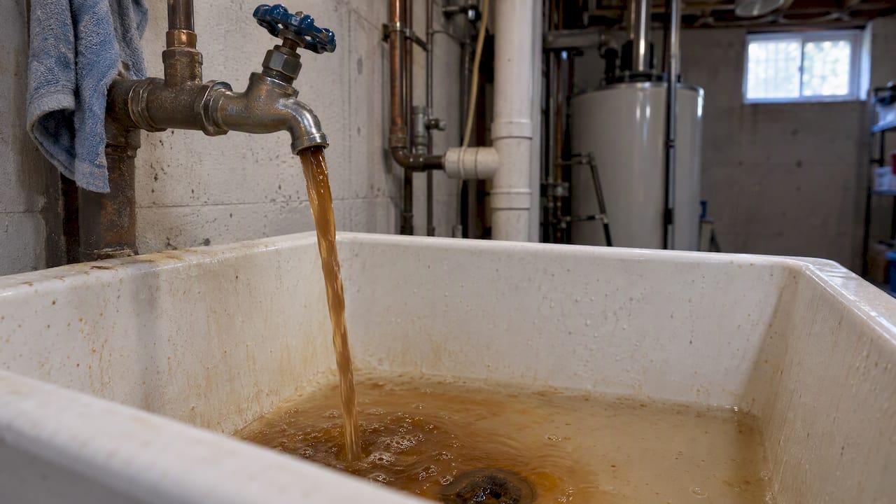 Rusty brown water running from basement faucet