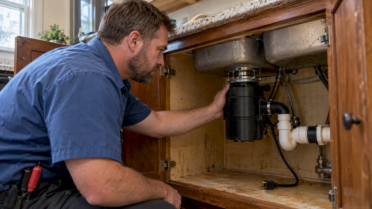 Technician diagnosing humming garbage disposal